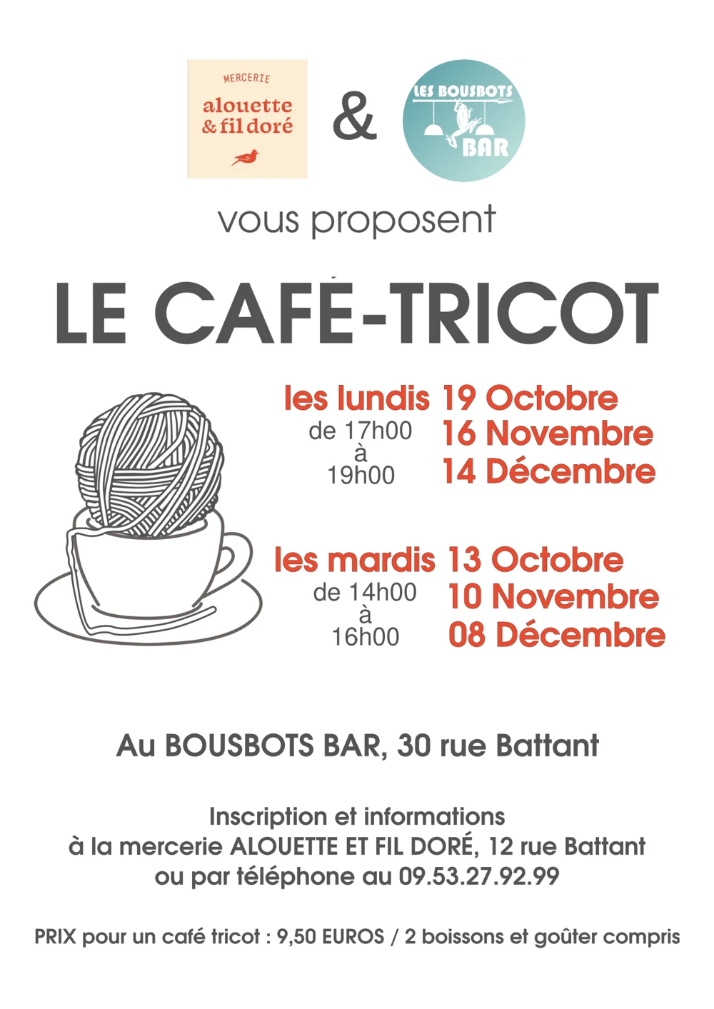Affiche du café-tricot, Mercerie Alouette & Fil Doré et Bousbots Bar : toutes les dates d’octobre à décembre 2026